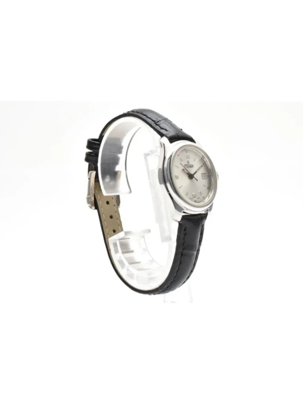 Fendi Quartz Watch Gray Dial Roman Numeral Date Stainless Steel Black Leather